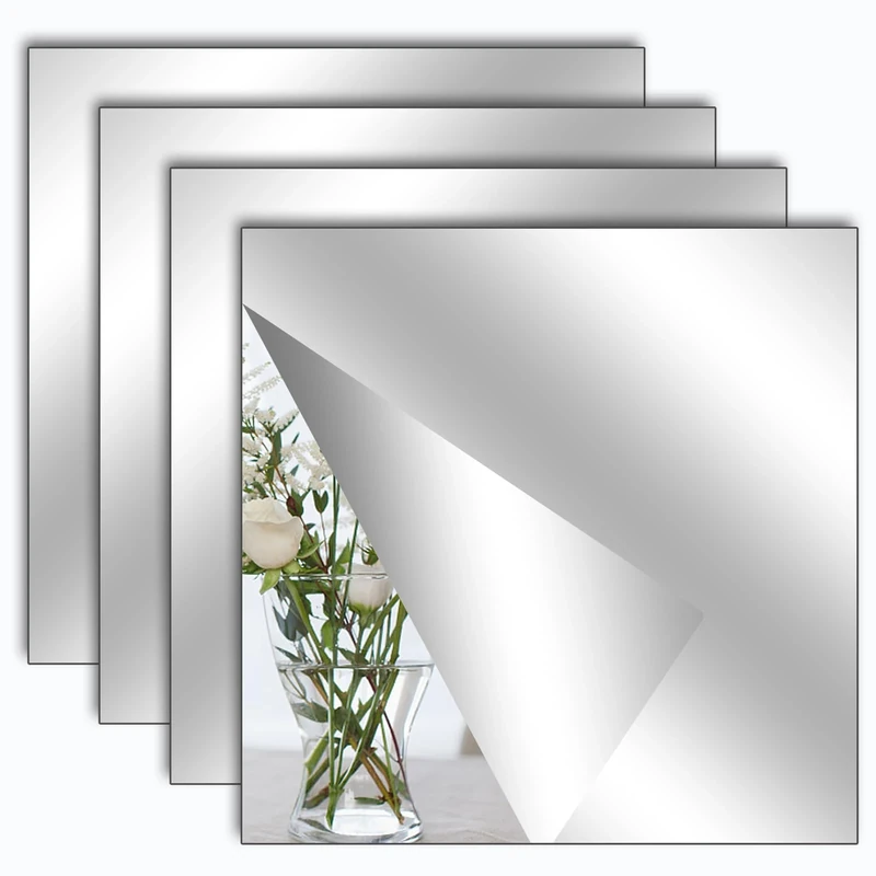 TSLBW 4 Pack Self Adhesive Mirror Stickers 20x20cm Acrylic Mirror Sheets for Wall School Home Livingroom Bathroom Bedroom Decor