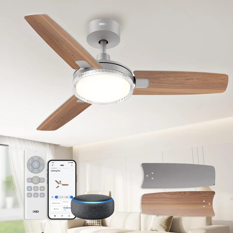 DREO Smart Ceiling Fans with Lights, 42 Inch Ceiling Fan, 12 Speeds & 3 Fan Modes, Stepless Color Tones, Dimmable LED Light, 1-12H Timer, Quiet DC Motor, Remote/APP/Alexa/Wall Switch Control, Grey - Image 1