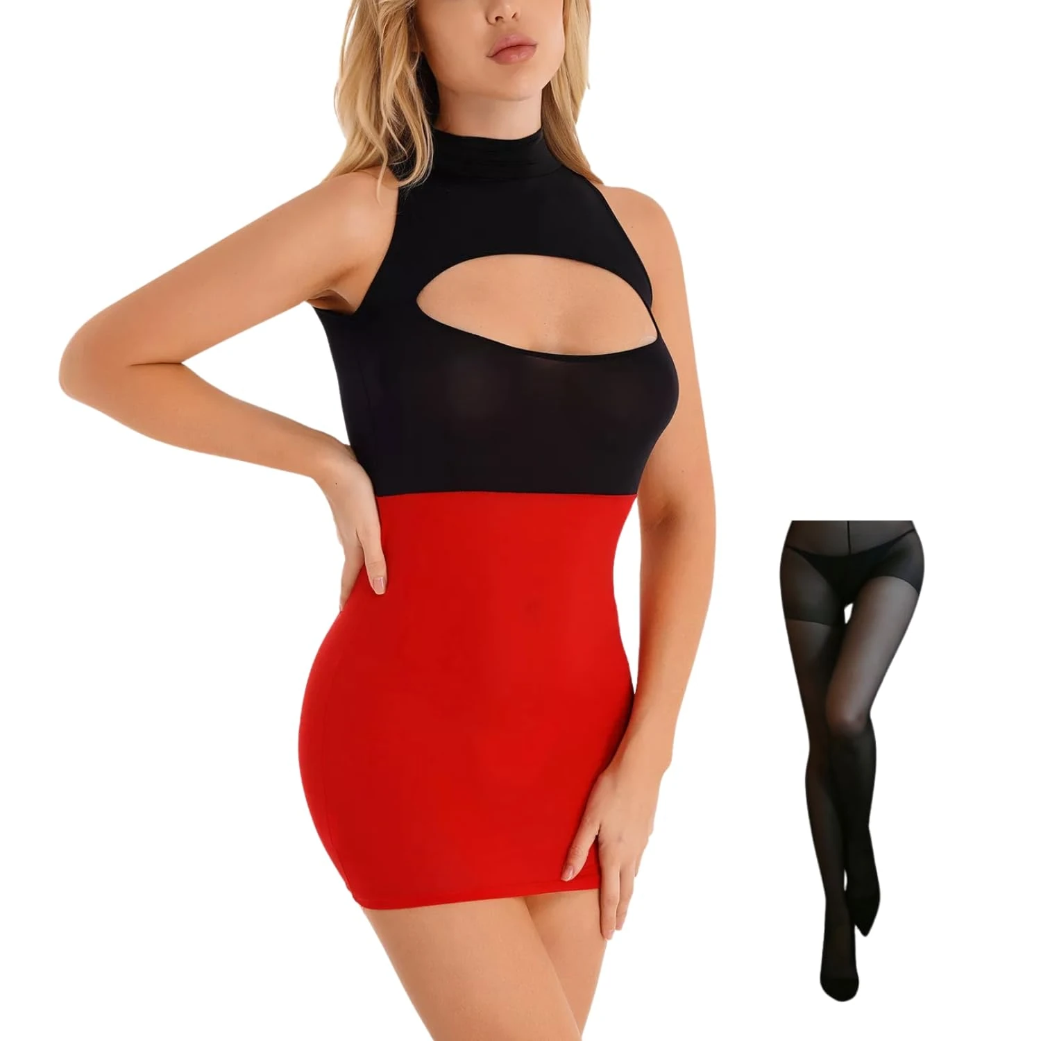 ROSVAJFY Sexy Secretary Cosplay Uniform Women's Lingerie Set with Stockings Figure-hugging Cut-out Mini Dress Bodycon Dress Role Play Teacher Outfit Babydoll Lingerie (Black+Red)