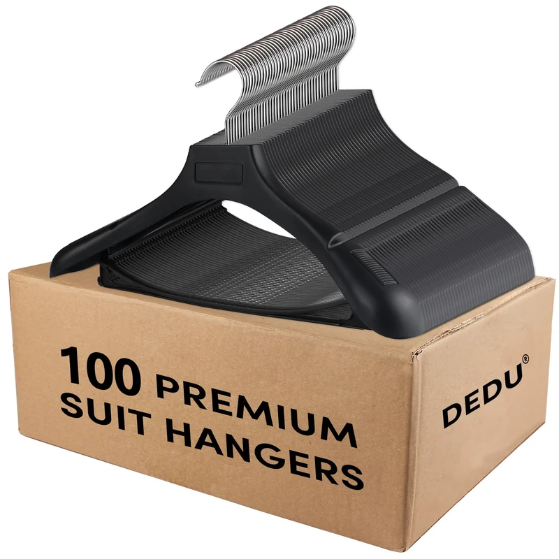 DEDU Suit Hangers for Men 100 Pack, Extra Wide Hangers Non Slip Width 17.7", Black Coat Hangers Thick Plastic with Pants Bar 360° Swivel Metal Hook