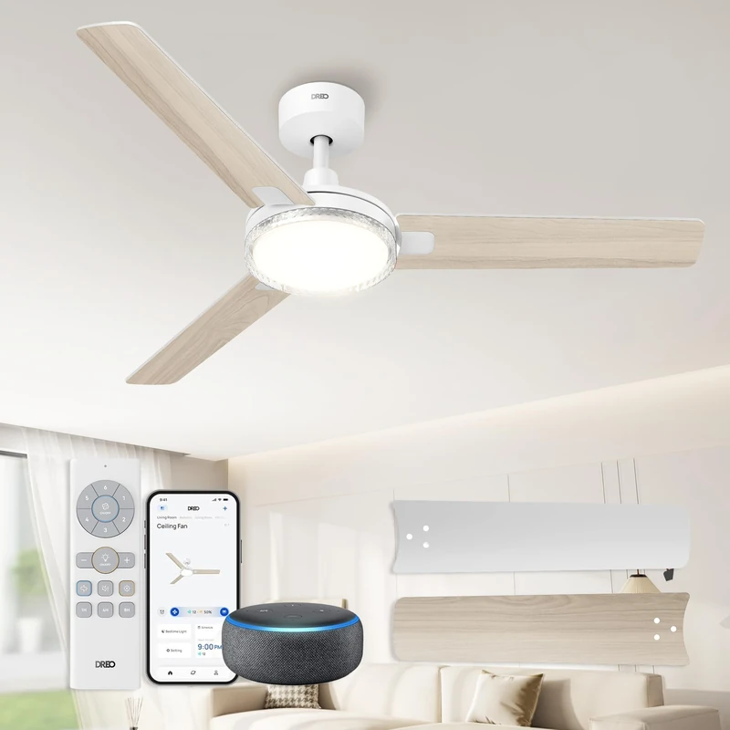 DREO Smart Ceiling Fans with Lights, 52 Inch White Ceiling Fan, 12 Speeds & 3 Fan Modes, Stepless Color Tones, Dimmable LED Light, 1-12H Timer, Quiet DC Motor, Remote/APP/Alexa/Wall Switch Control - Image 1