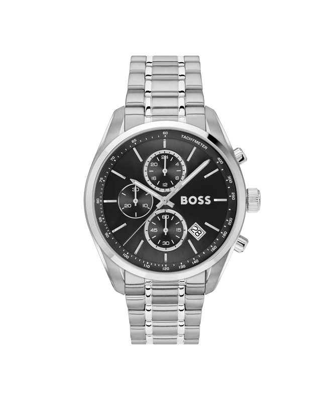 BOSS Chronograph Quartz Watch with Calendar for Men Grand Prix 44 Collection with Silver Stainless Steel Bracelet - 1514251