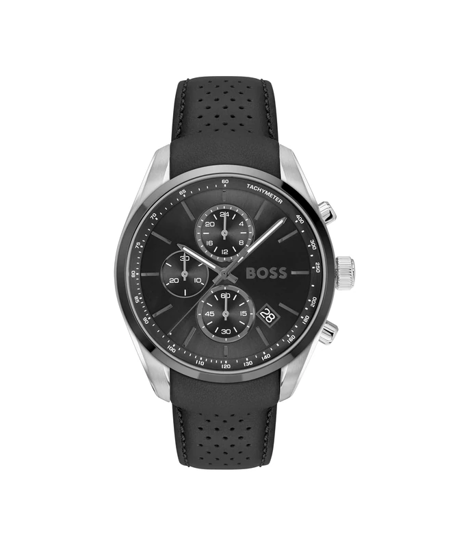 BOSS Chronograph Quartz Watch with Calendar for Men Grand Prix 44 Collection with Black Leather Strap - 1514224