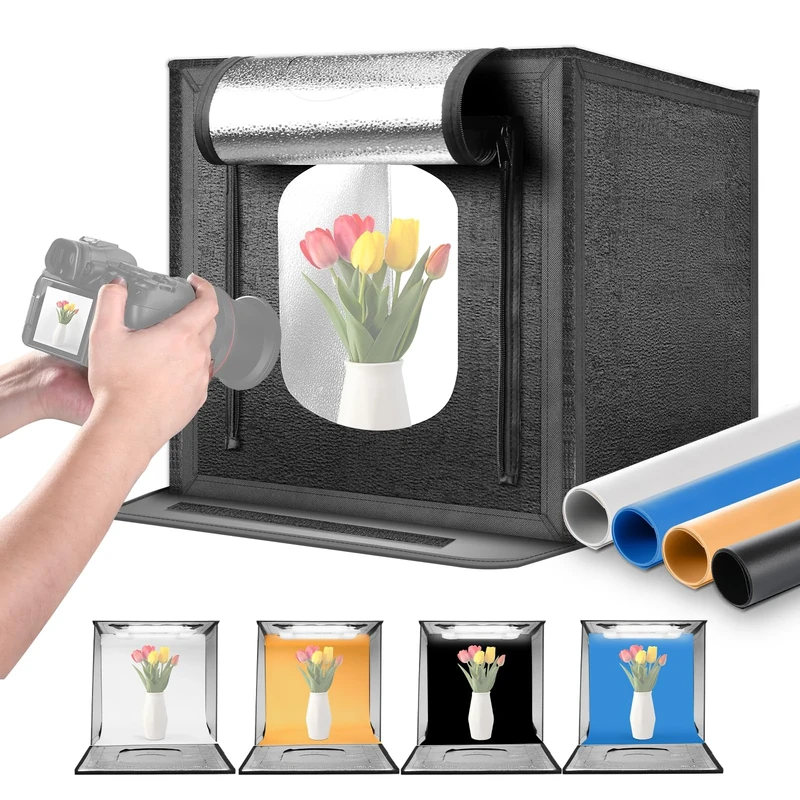 NEEWER 50W Upgraded Photo Studio Light Box, 24"x24" Portable Folding Photography Lightbox, 4 Backdrops, 5600K 160 LEDs 5200lx/0.5m Dimmable Picture Booth Shooting Tent for Jewelry Electronics, LP60