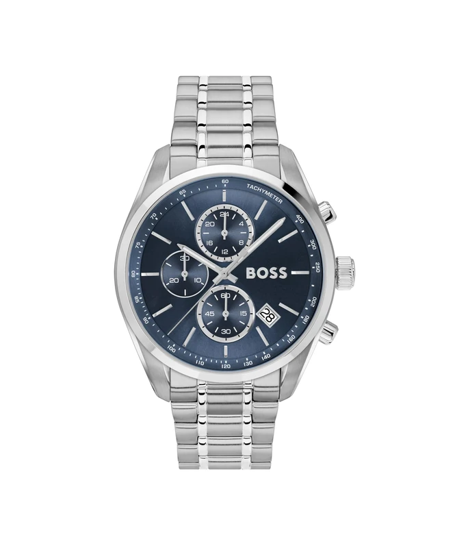 BOSS Chronograph Quartz Watch with Calendar for Men Grand Prix 44 Collection with Silver Stainless Steel Bracelet - 1514226