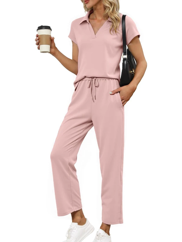 Glamaker Womens 2 Piece Summer Outfit Lounge Set Cap Sleeve Polo Top And Pant Set Tracksuit Travel Matching Outfit 2025, Pink, L