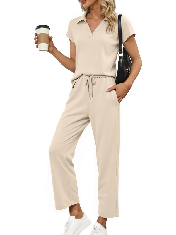 Glamaker Womens 2 Piece Summer Outfit Lounge Set Cap Sleeve Polo Top And Pant Set Tracksuit Travel Matching Outfit 2025, Khaki, L