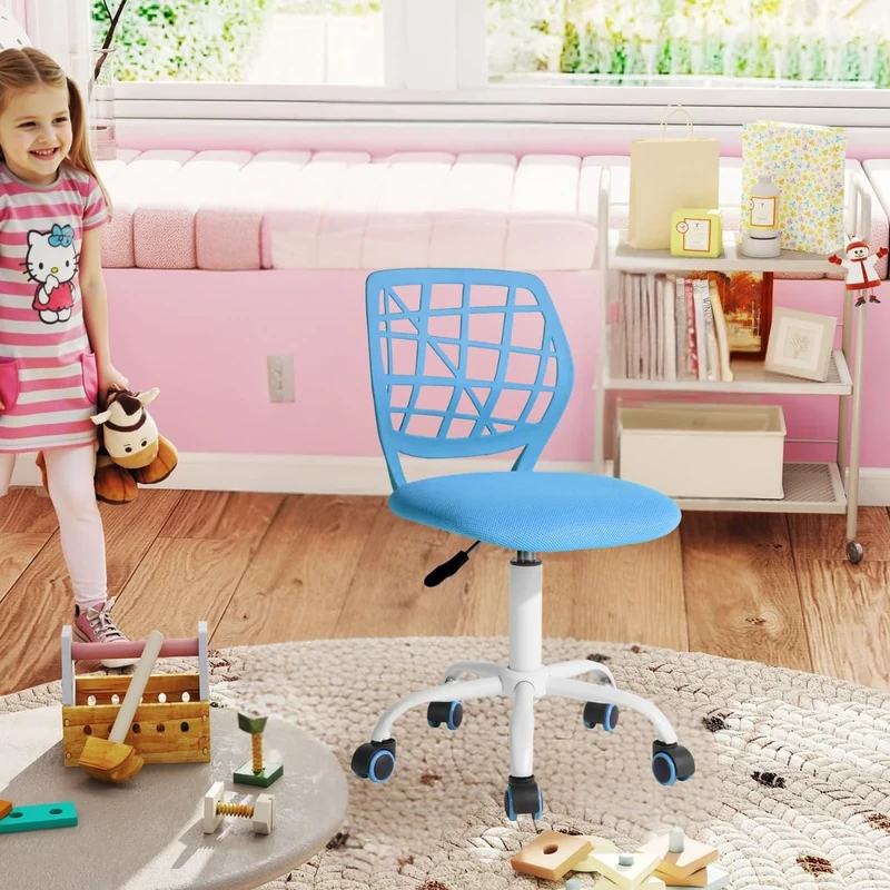 FurnitureR Children's Desk Chair, Adjustable Height Swivel Chair with Small Hole Backrest Design, Suitable for Kids' Bedroom or Study Room, Blue I, 38x39x85H