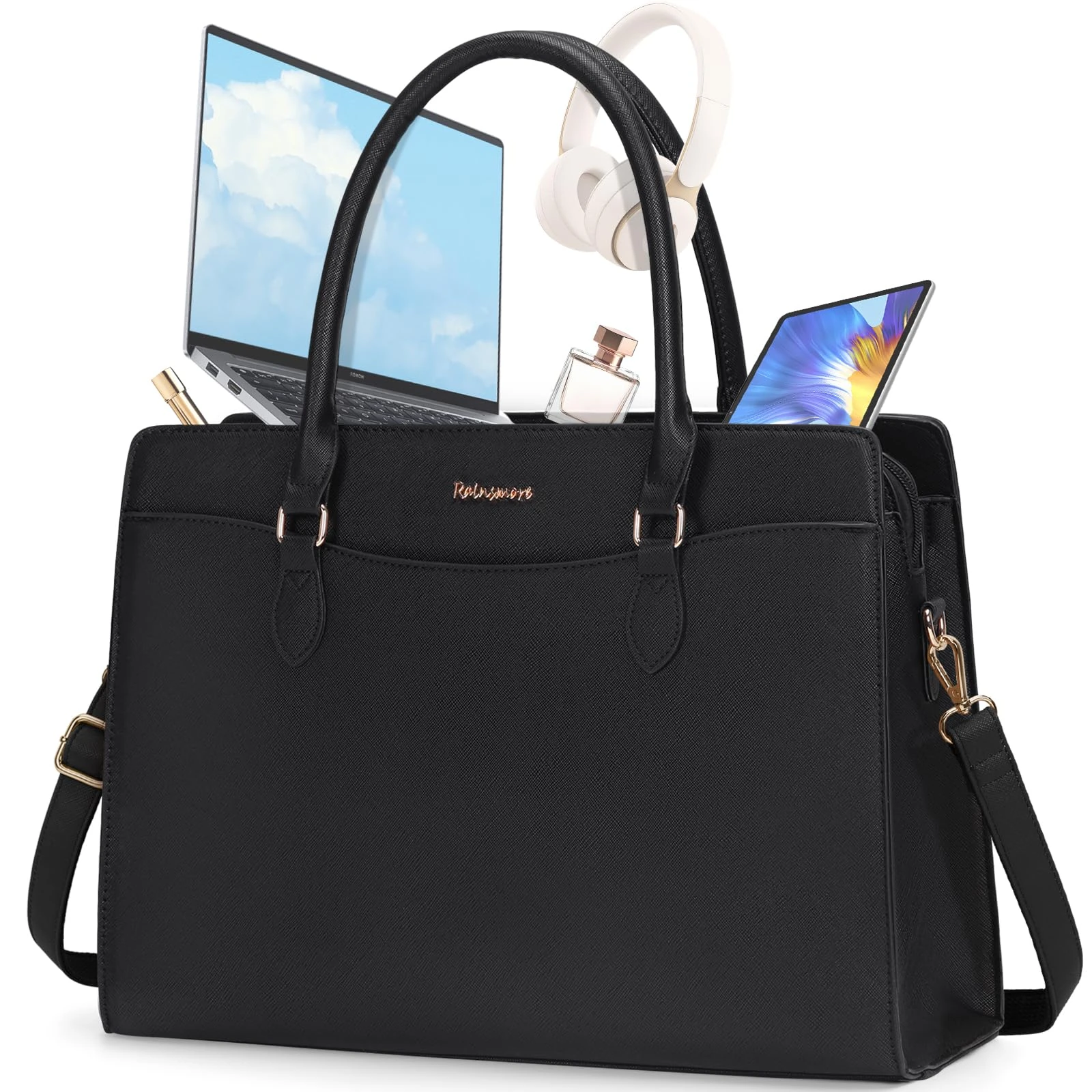 RAINSMORE Laptop Bags for Women 15.6 Inch Ladies Work Bag PU Leather Designer Laptop Handbag Large Laptop Tote Bag for School Computer Business Travel Black
