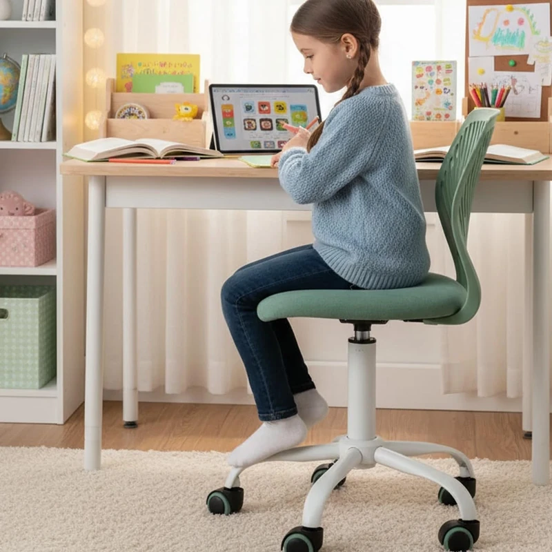 FurnitureR Children's Desk Chair, Adjustable Height Swivel Chair with Small Hole Backrest Design, Suitable for Kids' Bedroom or Study Room, Molandi Green, 38x39x85H