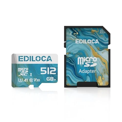 Ediloca 512GB Micro SD Card, Memory Card with SD Adapter, Read Speed up to 100MB/s, UHS-I TF Card for 4K Video Recording, Compatible with Smartphone, Dash Cam, Camera and Drones, C10, U3, V30, A1