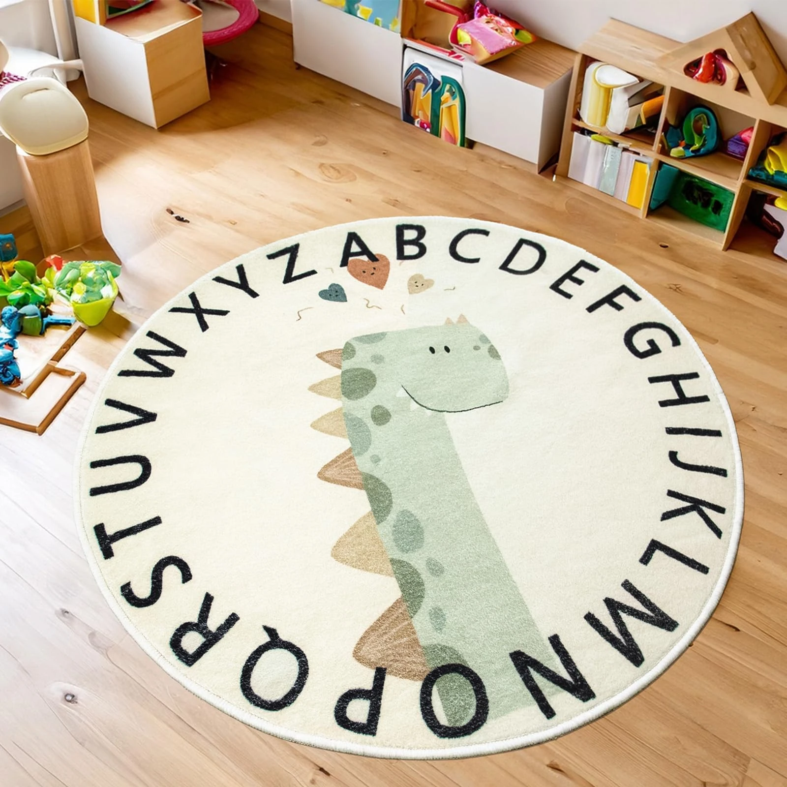 Tapis Design Cartoon Dinosaur Rugs, Soft Cute Childrens Rug Low Pile Nursery Rug Boys Girls Bedroom Rug Non-slip Washable Kids Carpets for Playroom, Round Rug 200cm, Beige and Duck Egg Blue