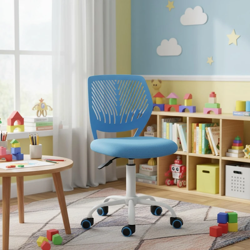 FurnitureR Children's Desk Chair, Adjustable Height Swivel Chair with Small Hole Backrest Design, Suitable for Kids' Bedroom or Study Room, Blue, 38x39x85H