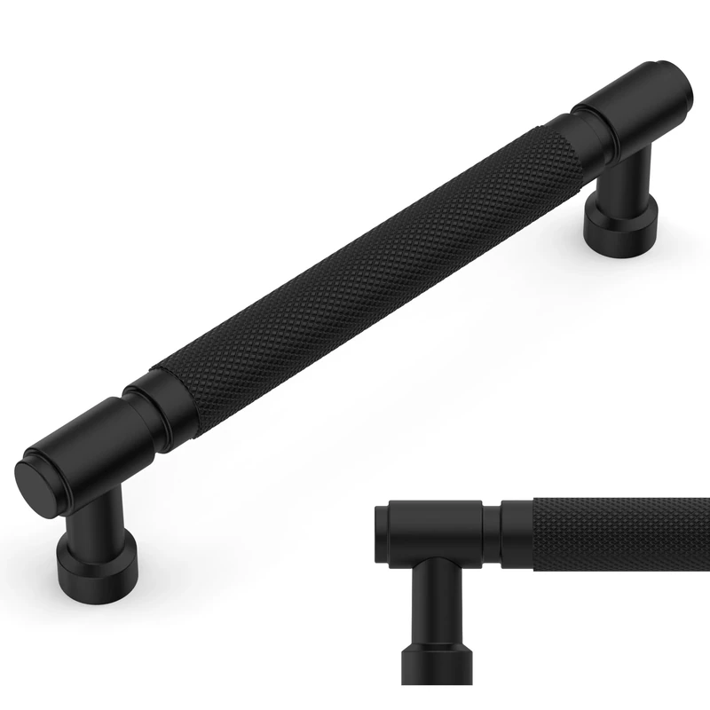 Amerdeco 10 Pack Matte Black knurled Cabinet Pulls 5 Inch(128mm) Hole Center Drawer Pulls Cabinet Hardware Kitchen Cabinet Handles for Bathroom AM032