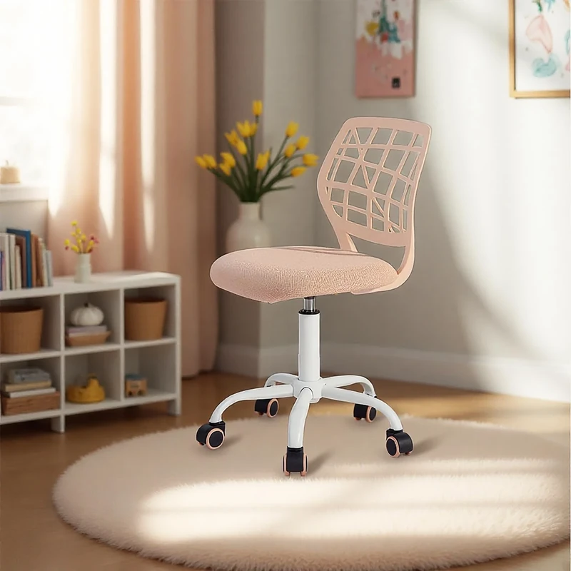 FurnitureR Children's Desk Chair, Adjustable Height Swivel Chair with Small Hole Backrest Design, Suitable for Kids' Bedroom or Study Room, Pink Plica