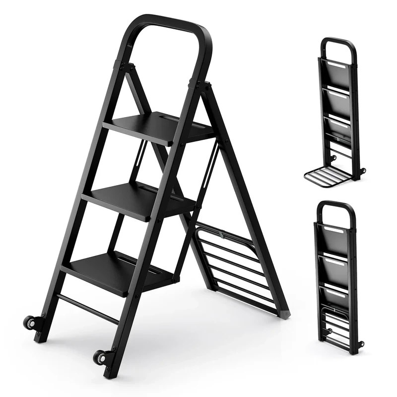 FANTASK 2 in 1 Folding Sack Truck & Step Ladder, 2 Wheels, Hand Trolley, Metal Convertible, Loading Area 30 x 37 cm, Trolley up to 250 kg/Ladder Maximum Load 200 kg, Black