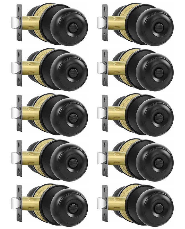 RAZCC Privacy Door Knobs, 10 Pack Matte Black Door Knobs with Lock, Bed and Bath Door Knob Interior Keyless Locksets, Round Door Handles Reversible for Left Right Handed Doors