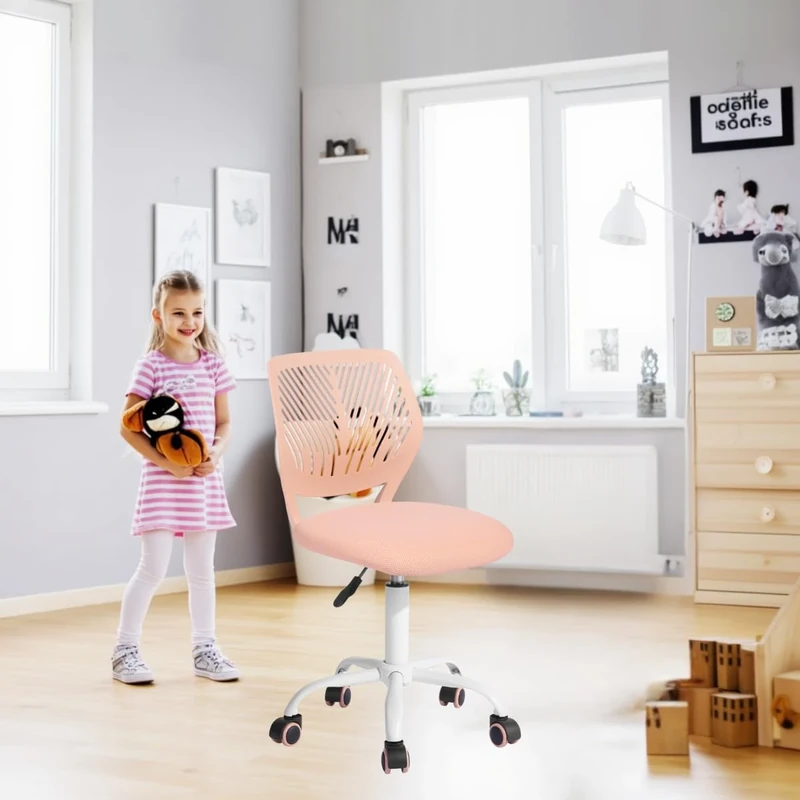 FurnitureR Children's Desk Chair, Adjustable Height Swivel Chair with Small Hole Backrest Design, Suitable for Kids' Bedroom or Study Room, Rose, 38x39x85H