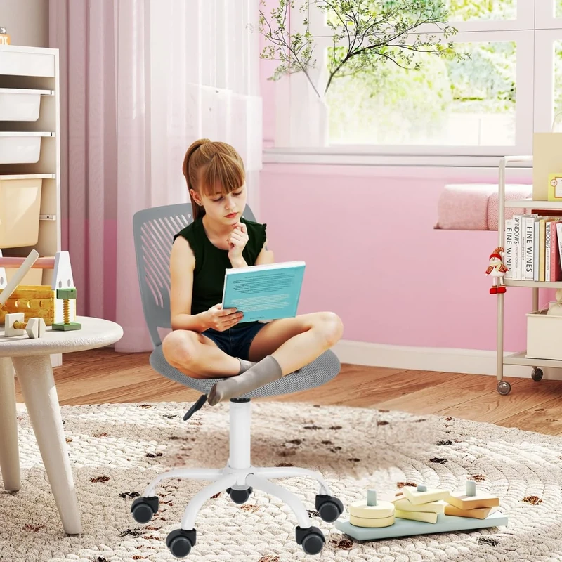 FurnitureR Children's Desk Chair, Adjustable Height Swivel Chair with Small Hole Backrest Design, Suitable for Kids' Bedroom or Study Room, Grey, 38x39x85H