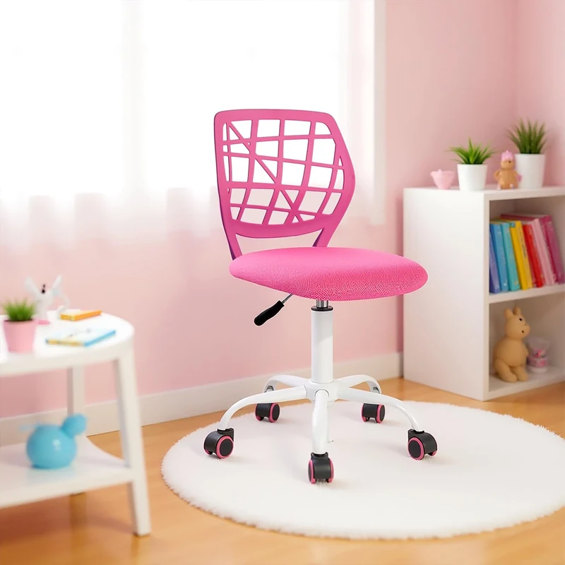 FurnitureR Children's Desk Chair, Adjustable Height Swivel Chair with Small Hole Backrest Design, Suitable for Kids' Bedroom or Study Room, Pink I, 38x39x85H