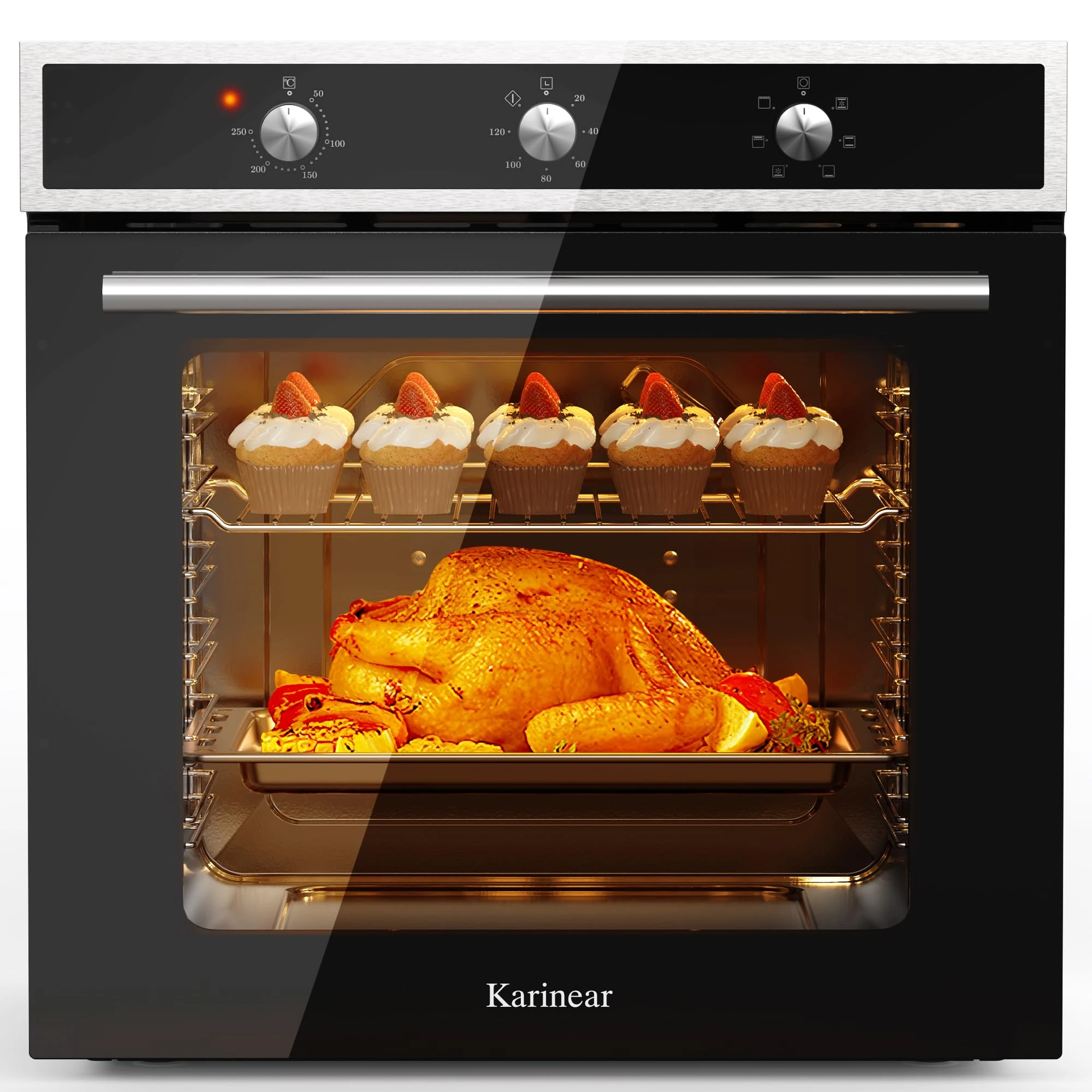 Karinear Electric Oven 60L Built in Knob Control 6 Functions 2200W Plug and Play 220V 60cm Wide Black with 120 Timer