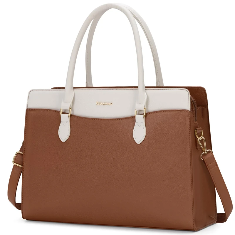 RAINSMORE Laptop Bags for Women 15.6 Inch Ladies Work Bag PU Leather Designer Laptop Handbag Large Laptop Tote Bag for School Computer Business Travel Brown and White