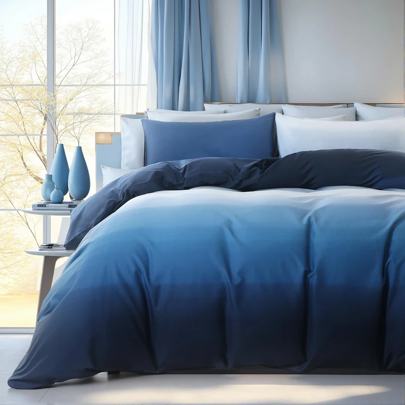 Cozaline Blue and White Duvet Cover Queen Size 100% Cotton Duvet Cover Sets Gradient Blue Comforter Cover Ocean Like 3 Pcs Soft and Lightweight Bedding Set for All Seasons
