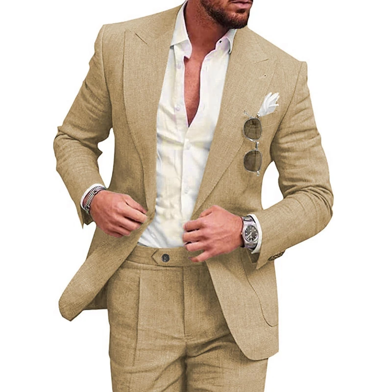 UNINUKOO Linen Suit for Men Summer Wedding 2 Piece Suit Set Peak Lapel Casual Blazer Pants Beach Wear for Men, Khaki, L
