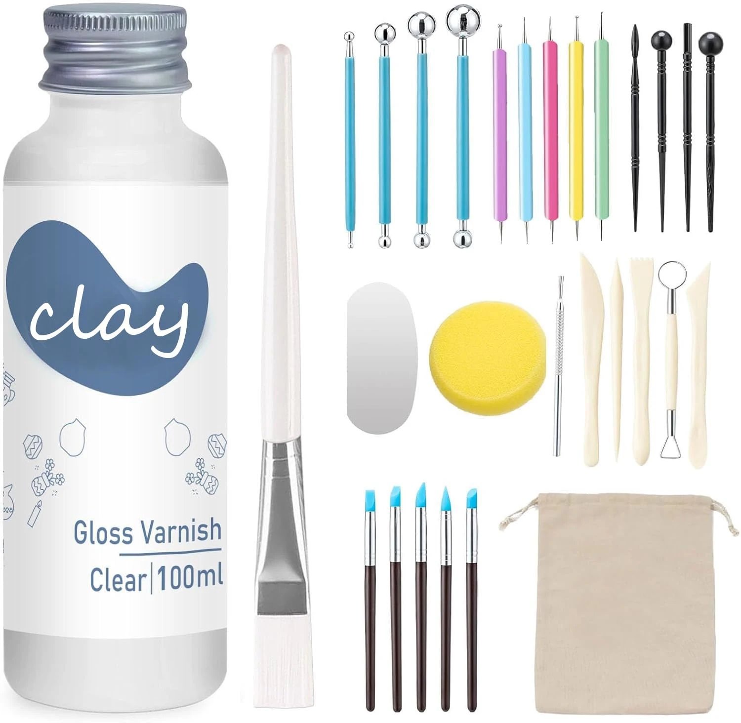 29PCS Air Dry Clay Glaze with Sculpting Tools Kit, Clay Varnish Sealant for High Luster, Scratch Resistant, Waterproof, Pottery Tool kit for Sculpting, Modeling, Shaping (Gloss)