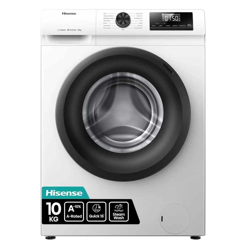 Hisense 1Q Series WF1Q1041BW Freestanding 10 KG Front Load Washing Durable Inverter Machine, Steam Wash, Quick Wash, 15 Washing Programs 1400 RPM White - Energy Rating A