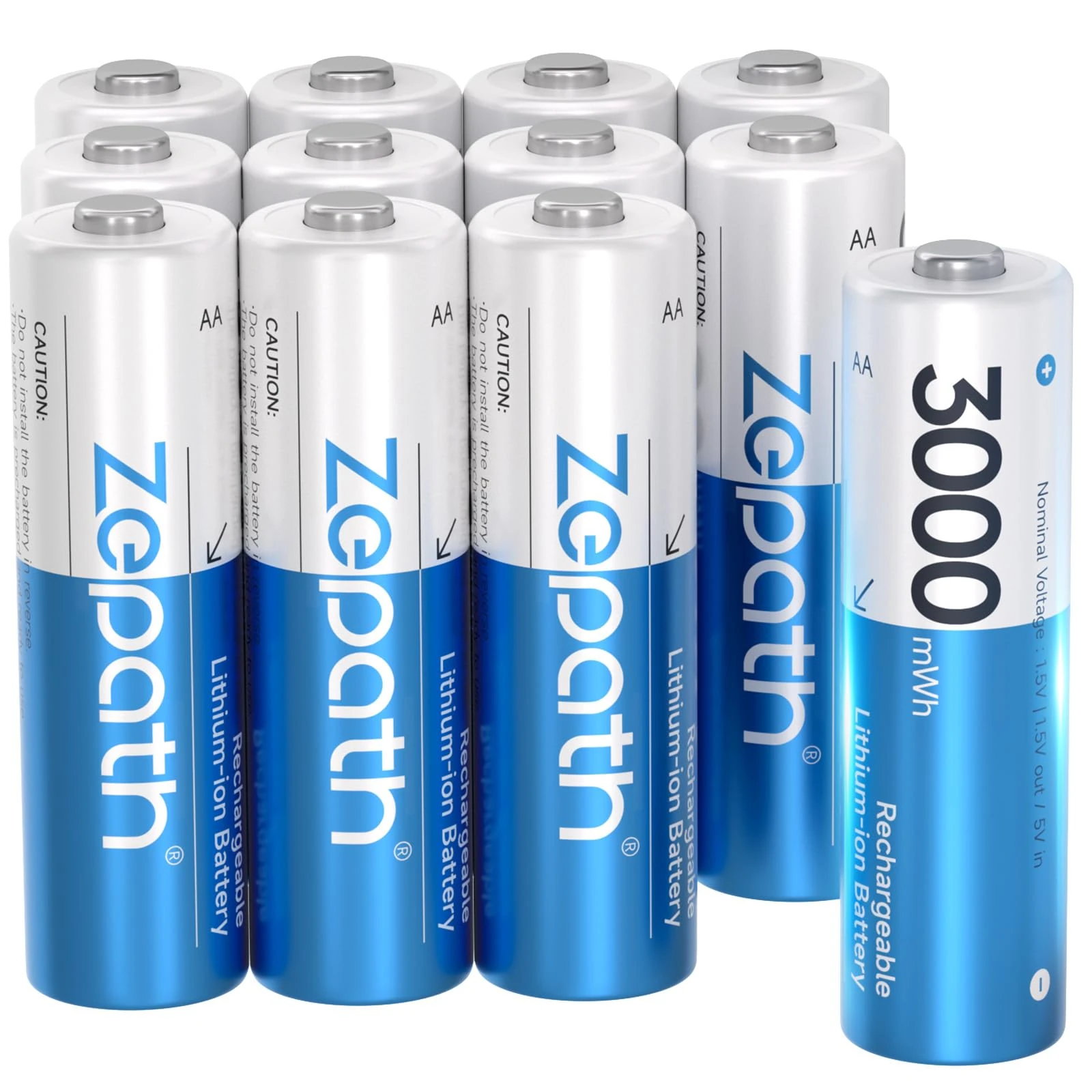 Zepath 12 x AA Rechargeable Lithium Batteries With 2 Slot Charger, High Capacity 3000mAh Lithium AA Battery 1.5V Constant Output 1600 Cycles, Rechargeable Battery Charger Fast Charging