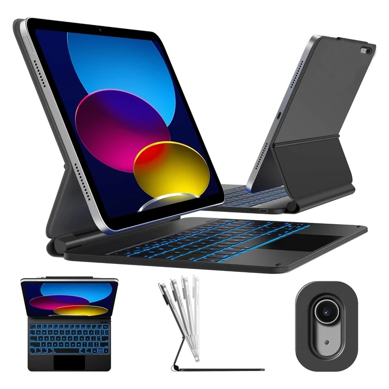 FOGARI Keyboard Case for iPad 10th/A16 11th Generation 10.9''/11''(2022/2025), Magic Keyboard iPad 10.9'', Magnetic Keyboard Case with Multi-Trackpad, 7 Colors Backlight, UK Keyboard - Black