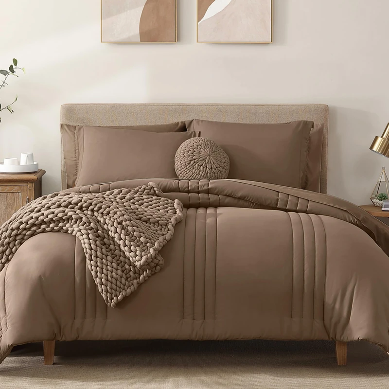 King Size Comforter Set-7 Pieces Brown Soft Bed in a Bag King Bedding Sets