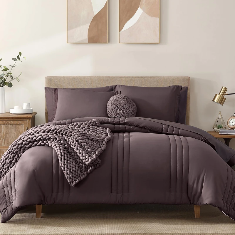 Queen Comforter Set-7 Pieces Plum Soft Bed in a Bag Queen Bedding Sets
