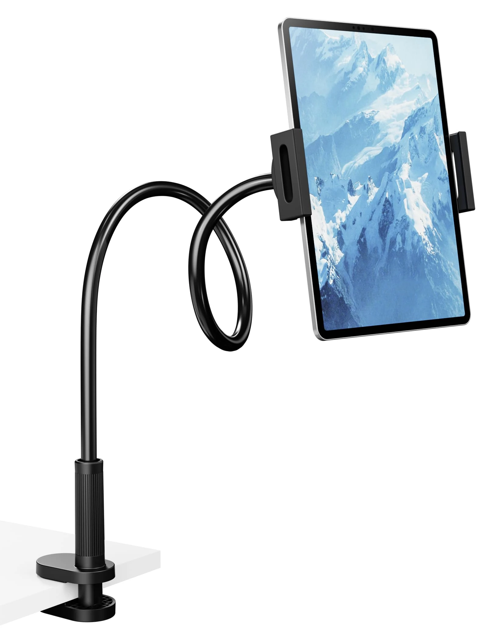 Klsniur Gooseneck Tablet Holder, 360° Rotation Clamp, Sturdy Bed Desk Mount for Reading, Flexible Adjustable Phone Tablet Stand for iPad Pro 12.9/11, Kindle, Galaxy Tab, 4.7-12.9" Devices (Black)