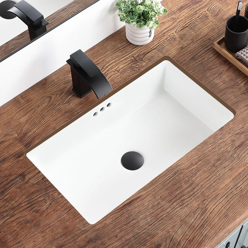 KDKSC 24 Inch Undermount Bathroom Sink Rectangular Undermount Sink White Ceramic Under Counter Bathroom Sinks with Flat Overflow Type (23.8"x 13.8")