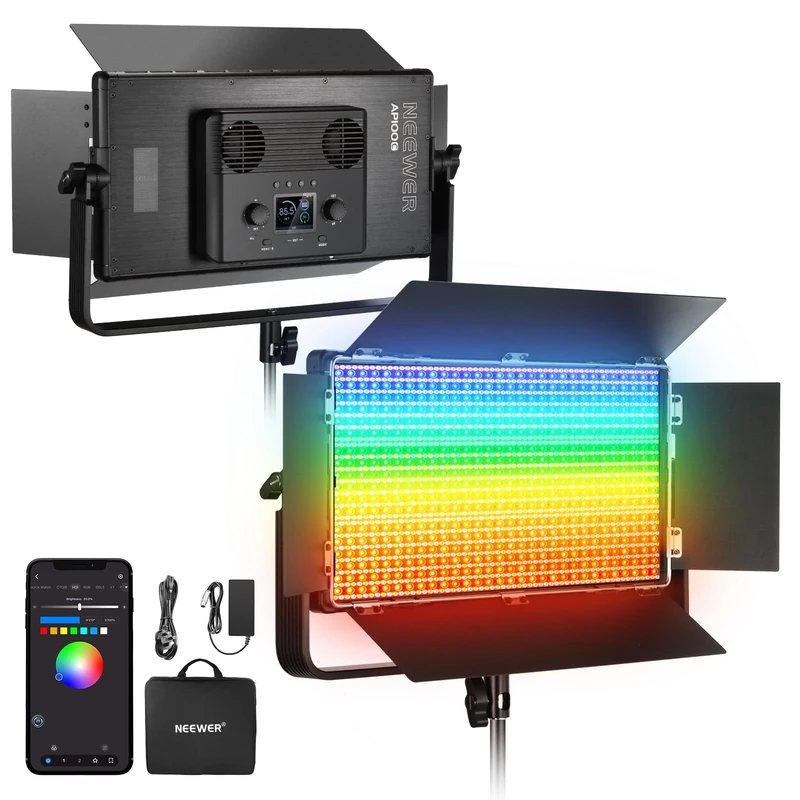NEEWER 105W RGB LED Panel Video Light Kit with Barn Doors, 1200 LEDs 31500Lux/0.5m 2500K-10000K CRI96+/TLCI97+ Dimmable, APP/2.4G/Panel/DMX Control, Studio Photography Video Recording Lighting, AP100C