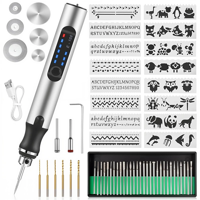 Electric Engraving Pen Tool can be Engraved on Metal, Glass, Ceramic, Wood, Engraving Pen Tool Kit with 16 templates Suitable for DIY Creation, Crafts, Personalized Accessories and Gifts (White)