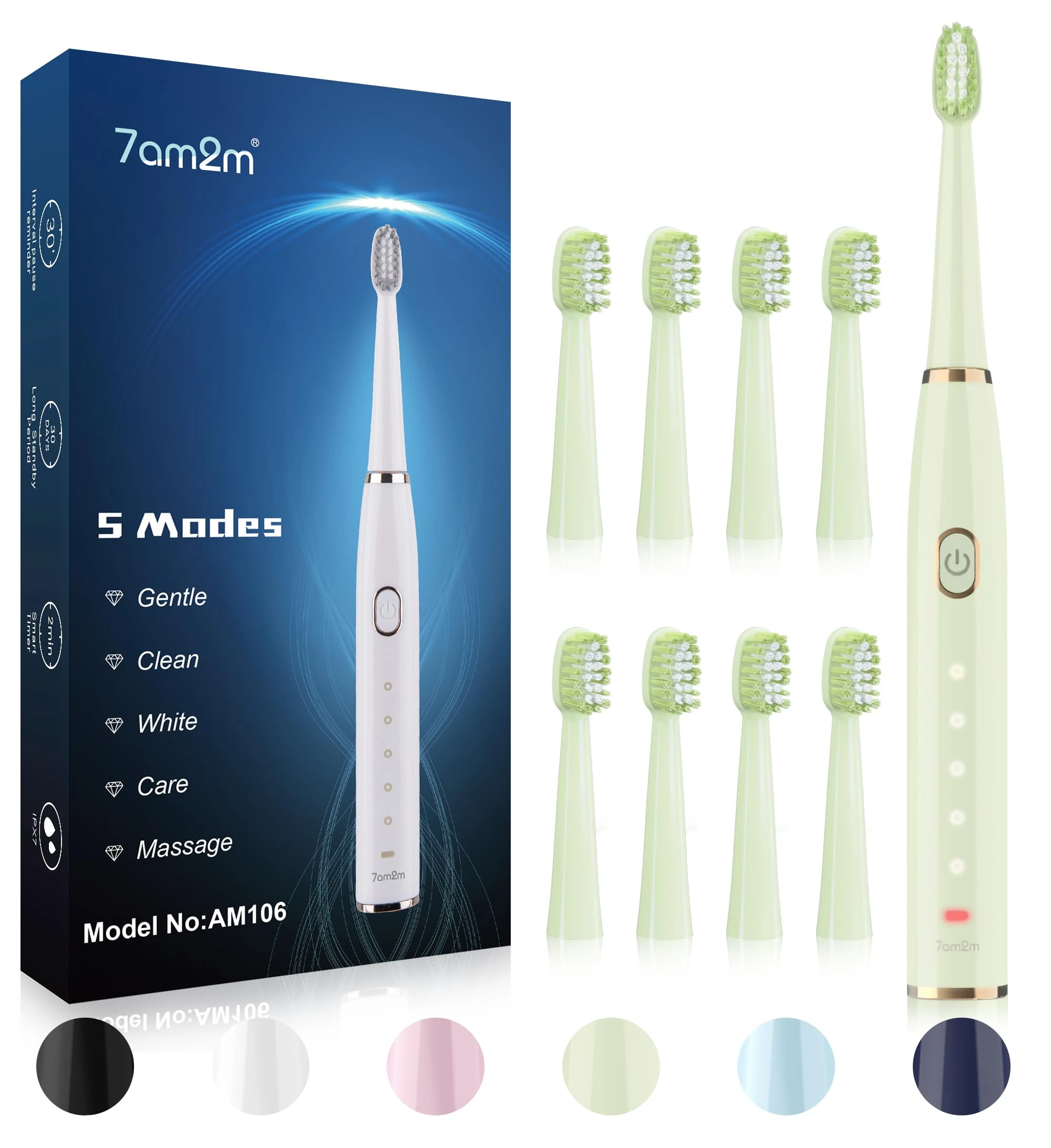 7am2m Sonic Electric Toothbrush for Adults and Kids- High Power Rechargeable Toothbrushes with 8 Brush Heads,5 Adjustable Modes, Built-in 2-Minute Smart Timer,4 Hours Fast Charge for 75 Days Green