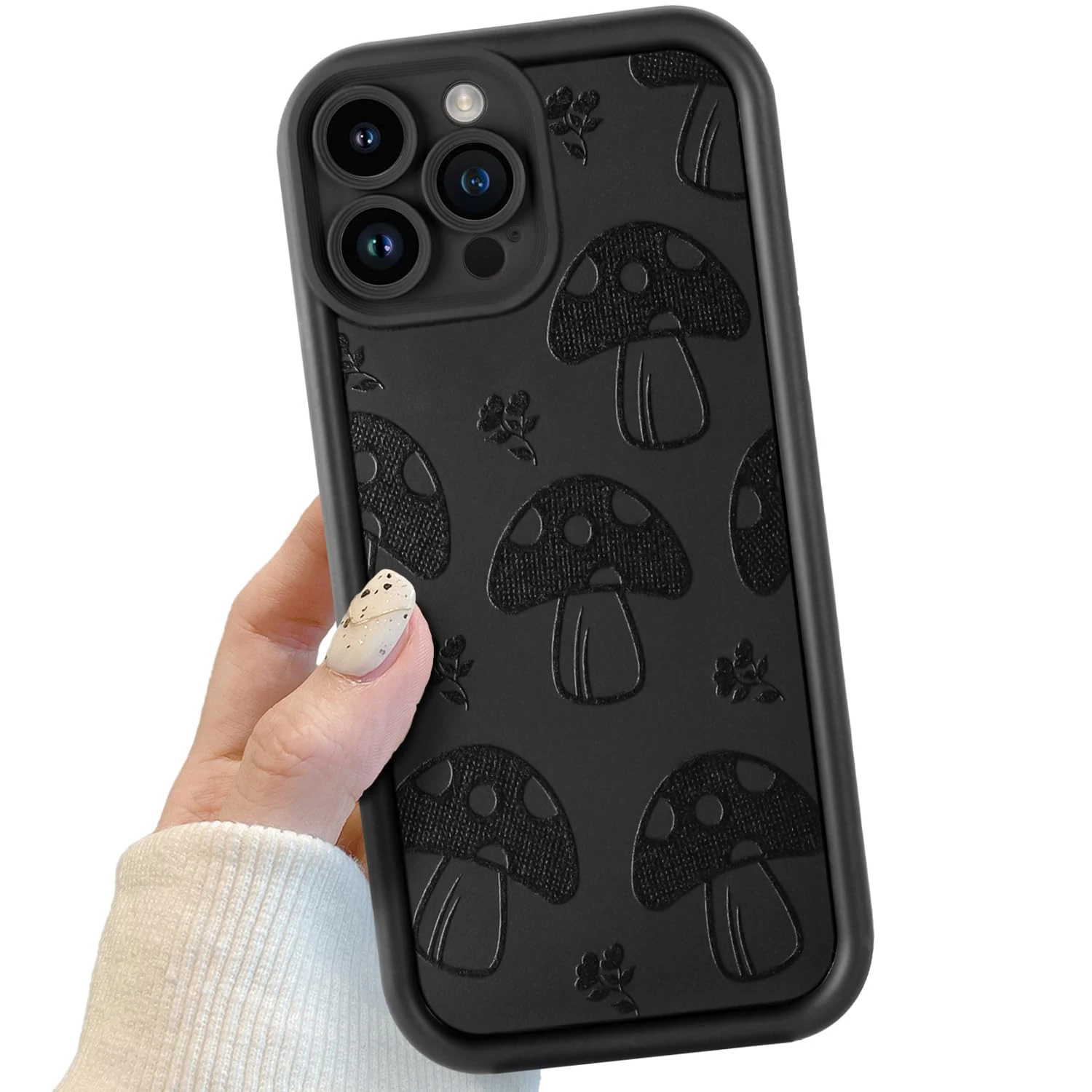 Potok Black Mushroom Phone Case for iPhone 12 Pro Max, Black Cute Mushroom Pattern for Women Girls, Soft TPU Girly Mushroom Phone Case, Bumper Shockproof Protective Case for iPhone 12 Pro Max
