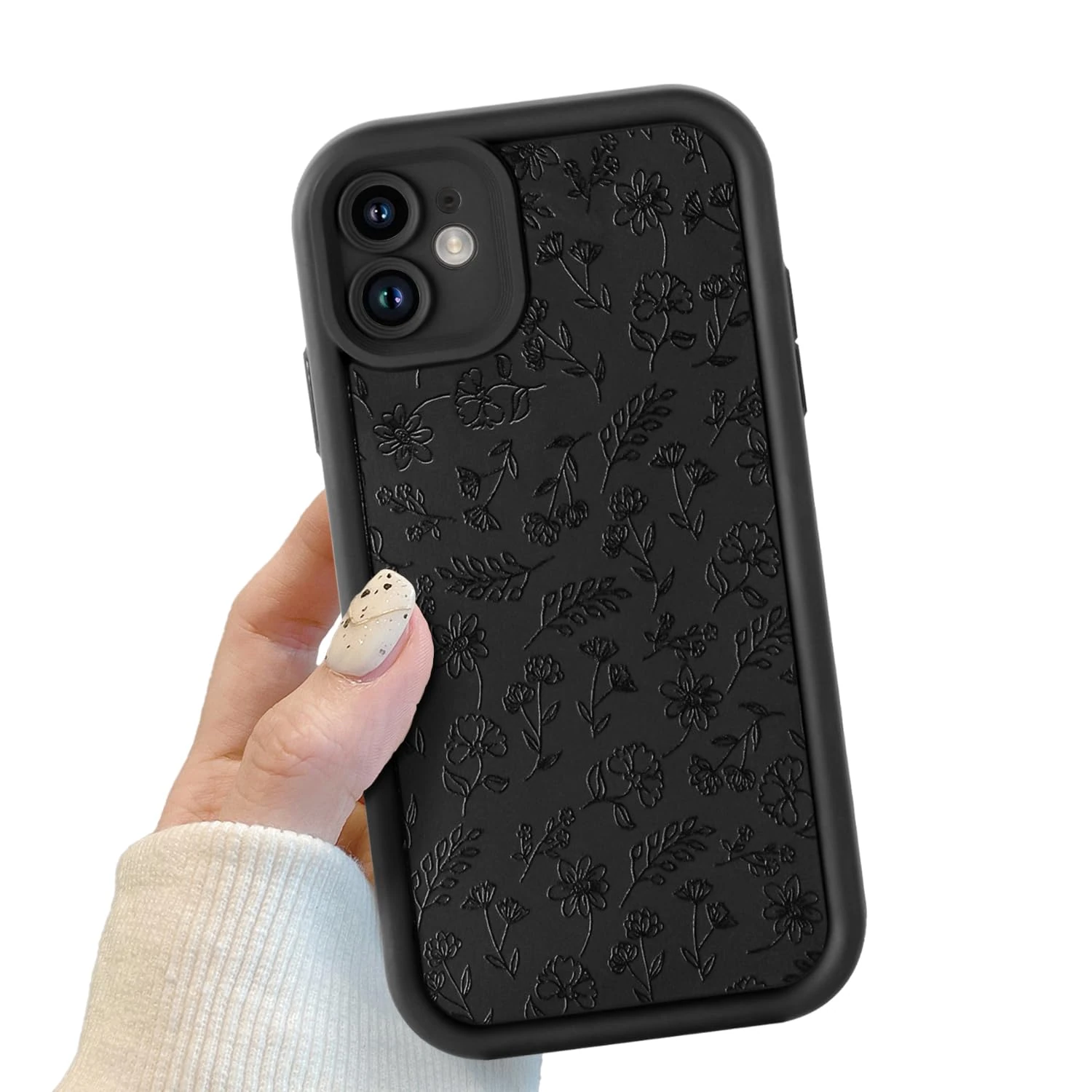 Black Flower Floral Leaf Phone Case for iPhone 11, Black Cute Flowers Pattern for Women Girls, Soft TPU Girly Flowers Phone Case, Bumper Shockproof Protective Case for iPhone 11