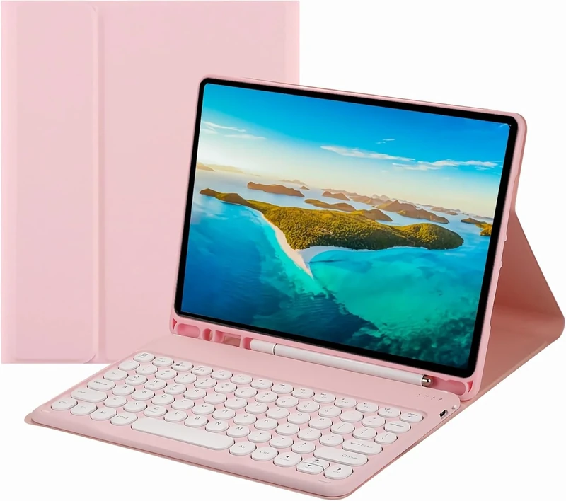 NUWONAYA Keyboard Case for Galaxy Tab S10 Plus/S9 FE+/S9 Plus/S7FE/S8+/S7+ with S Pen Holder, Slim Round Key Cute Candy Color Stand Cover with Magnetic Detachable Wireless Keyboard,Pink