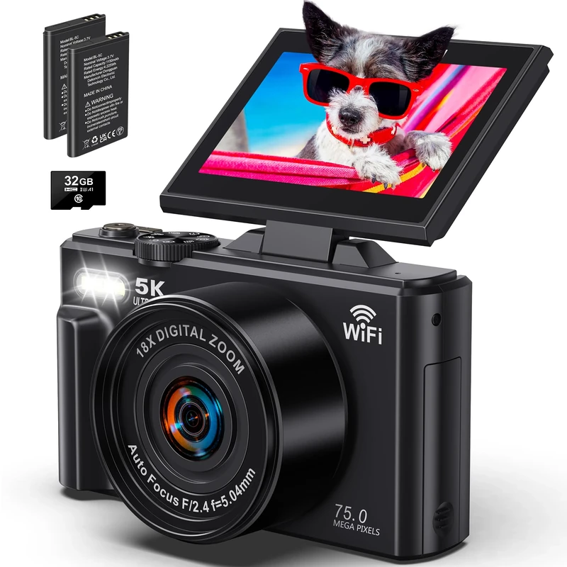 Pedtail 5K Digital Camera - 75MP Digital Cameras for Photography - Vlogging Camera for YouTube - Autofocus Video Camera 3" 180° Flip Screen with 18X Zoom