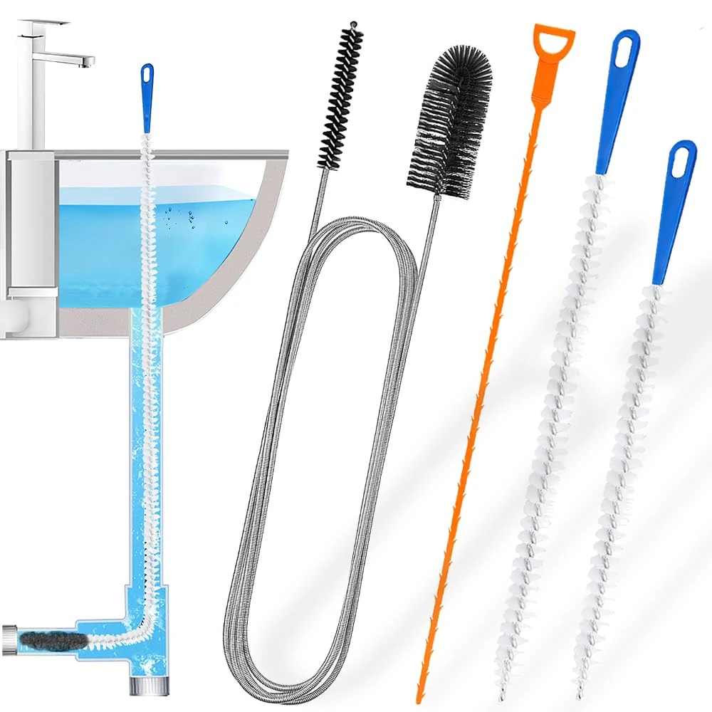 61 inch Double Ended Nylon Pipe Cleaner Brush, 25.2 inch Drain Snake Hair Clog Remover, 17.7 inch and 23.6 inch Sink Unblocker Brush, 4 Pcs Sink Unblocker Tool for Kitchen Bathroom Shower Plug Hole