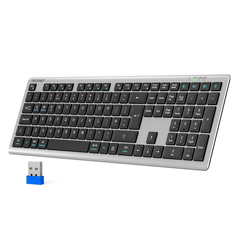 TECKNET Wireless Keyboard, Rechargeable 2.4GHz USB Bluetooth Keyboard for 4 Multi Devices, Ultra Slim Full Size UK Layout Keyboards for Laptop, Computer, Tablet, Desktop, Phone