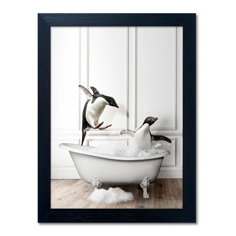 Kids Bathroom Wall Decor Funny Bathroom Wall Art Black and White Bathroom Wall Decor Cute Penguins in Bathtub Canvas Print Painting Framed Farmhouse Animal Artwork