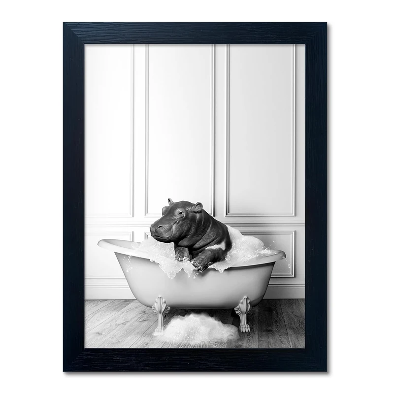 Black and White Bathroom Decor Funny Hippo in Bathtub Wall Art Framed Humor Bathroom Signs Cute Animal Canvas Print Painting Artwork for Bathroom