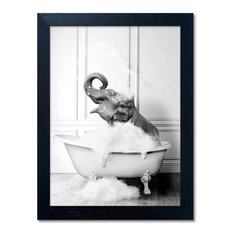 Framed Bathroom Wall Decor Elephant in Bathtub Pictures Wall Art Black and White Funny Animal Canvas Print Artworks for Bathroom