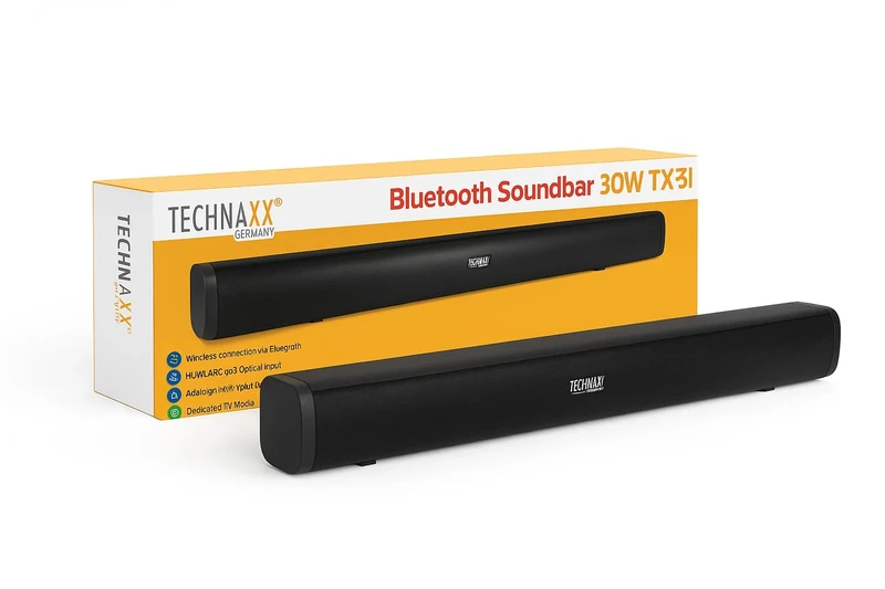 Technaxx Bluetooth 2.0 Soundbar 30W for TV TX-311 with HDMI-ARC, Optical & AUX Inputs, Dual 15W Speakers, Bluetooth 5.0, Remote Control Included - Ideal for TV, Smartphones, Tablets, and PCs