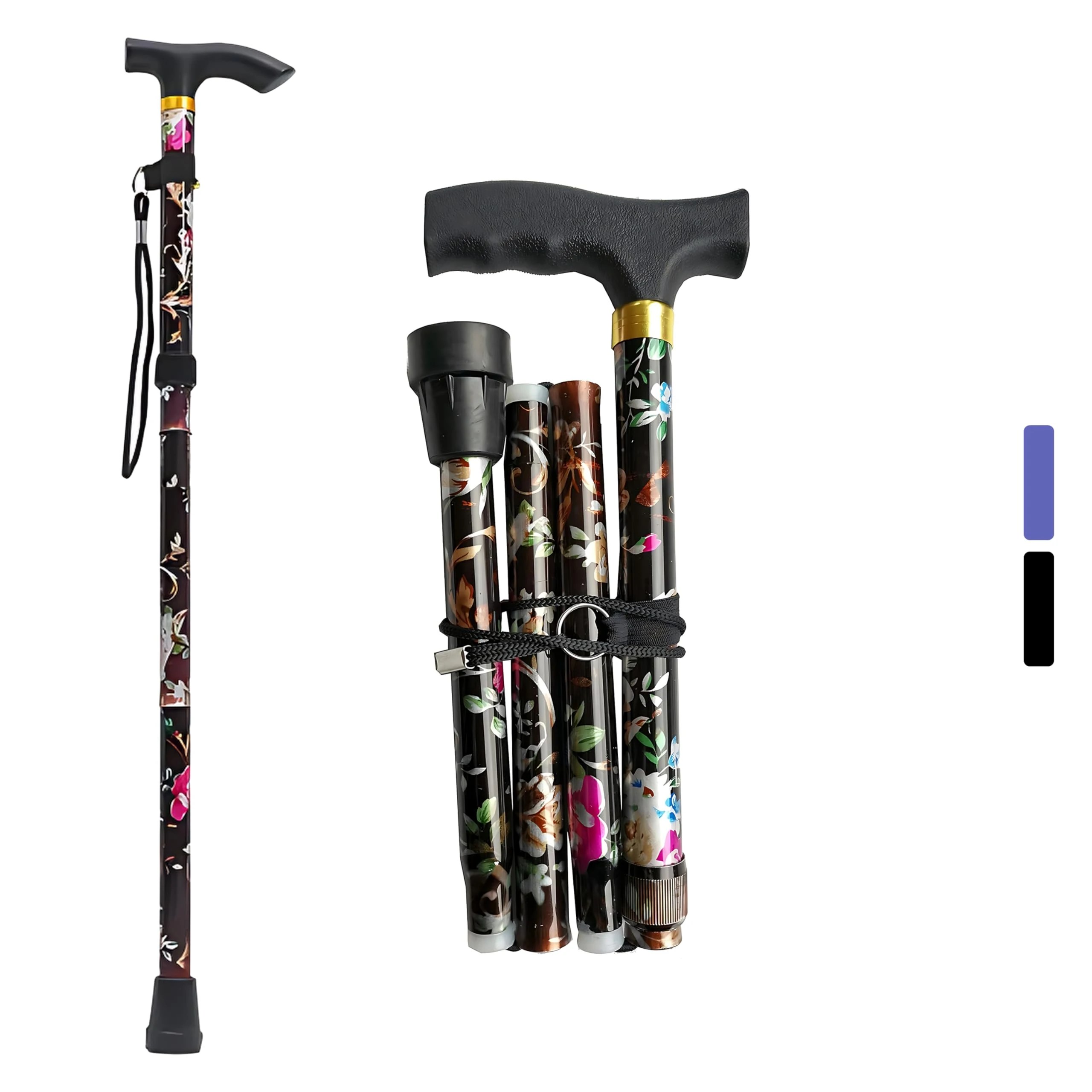 ZallyX Folding Walking Stick for ladies Walking stick 93CM (FOR ALL Heights)- Heavy Duty Durable & Foldable Walking Sticks for Women, Extendable & Collapsible Mens Walking stick (Black Flower)